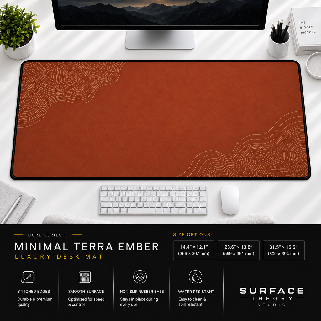 Minimal Terra Ember desk mat beneath a monitor on a bright desk with a white keyboard and mouse.