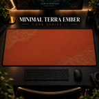 Minimal Terra Ember desk mat in a warm, dark workspace.