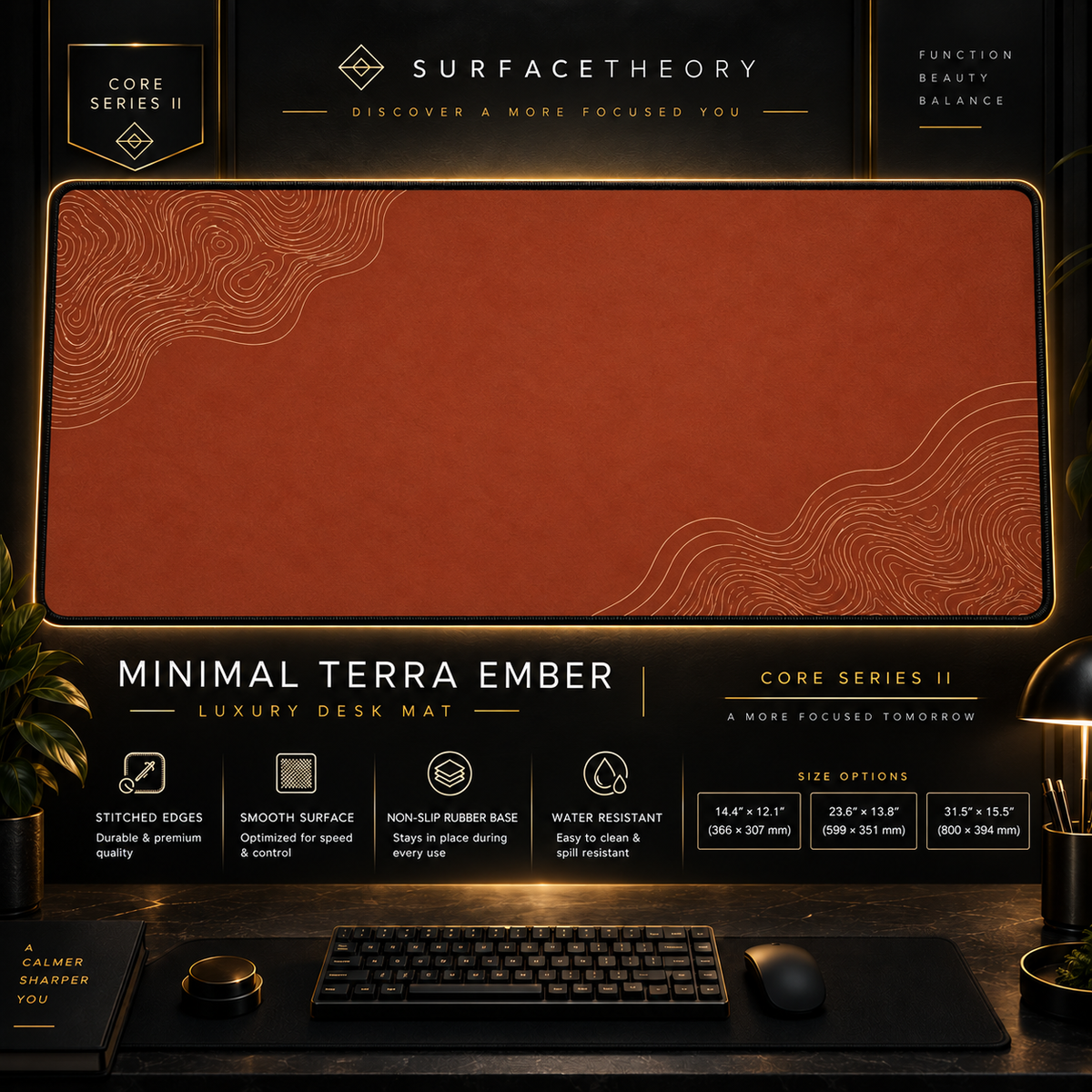 Minimal Terra Ember desk mat in a gold-toned showcase frame above a keyboard.