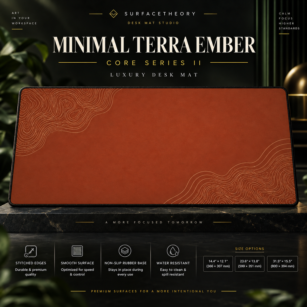 Minimal Terra Ember desk mat on a studio display with size and product information.