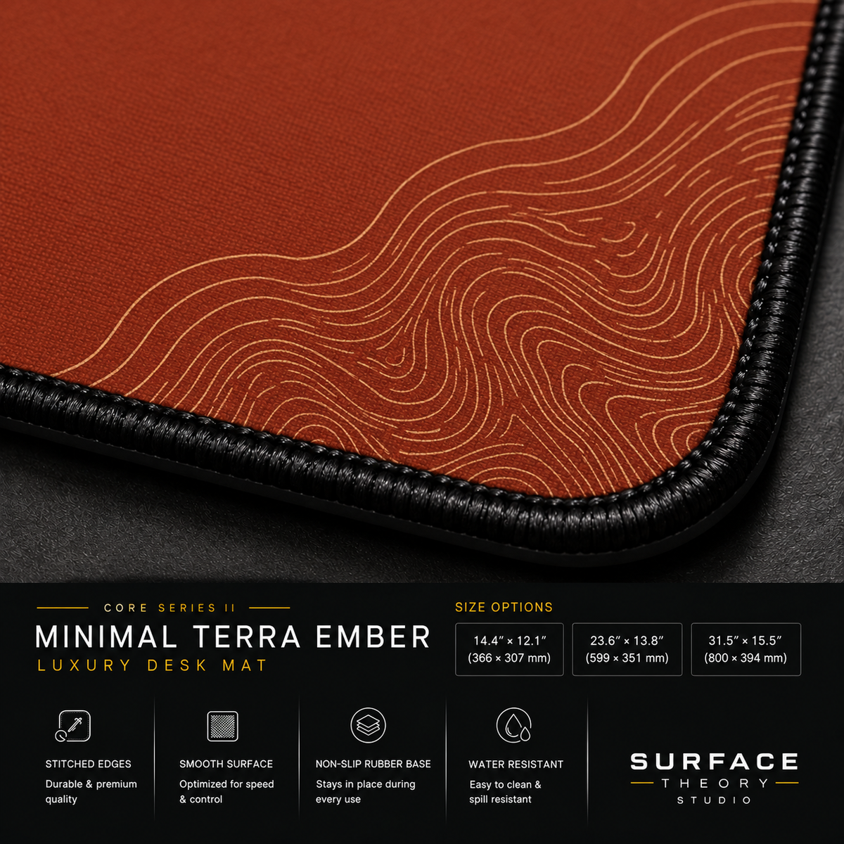 Close-up of Minimal Terra Ember printed artwork and black stitched corner.