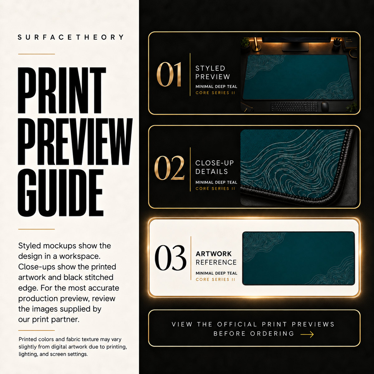 Minimal Deep Teal print preview guide comparing styled presentation, close-up and artwork reference.