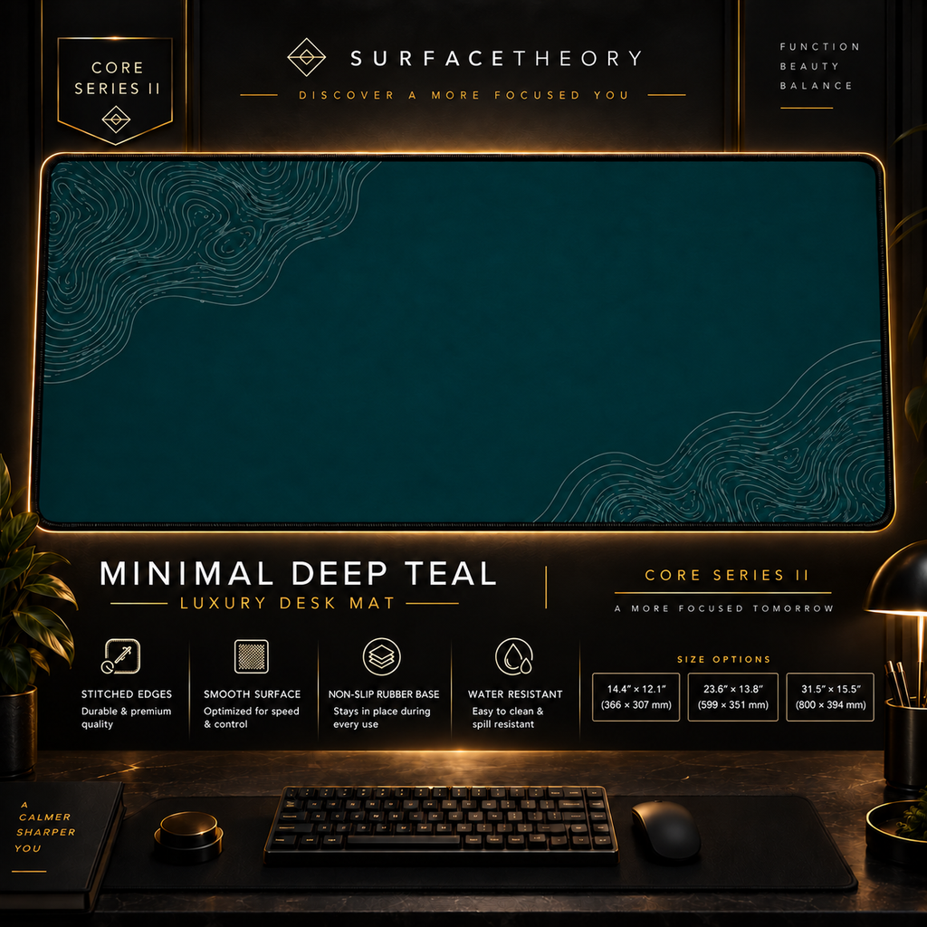 Minimal Deep Teal desk mat in a gold-toned showcase frame above a keyboard.