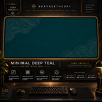 Minimal Deep Teal desk mat in a gold-toned showcase frame above a keyboard.
