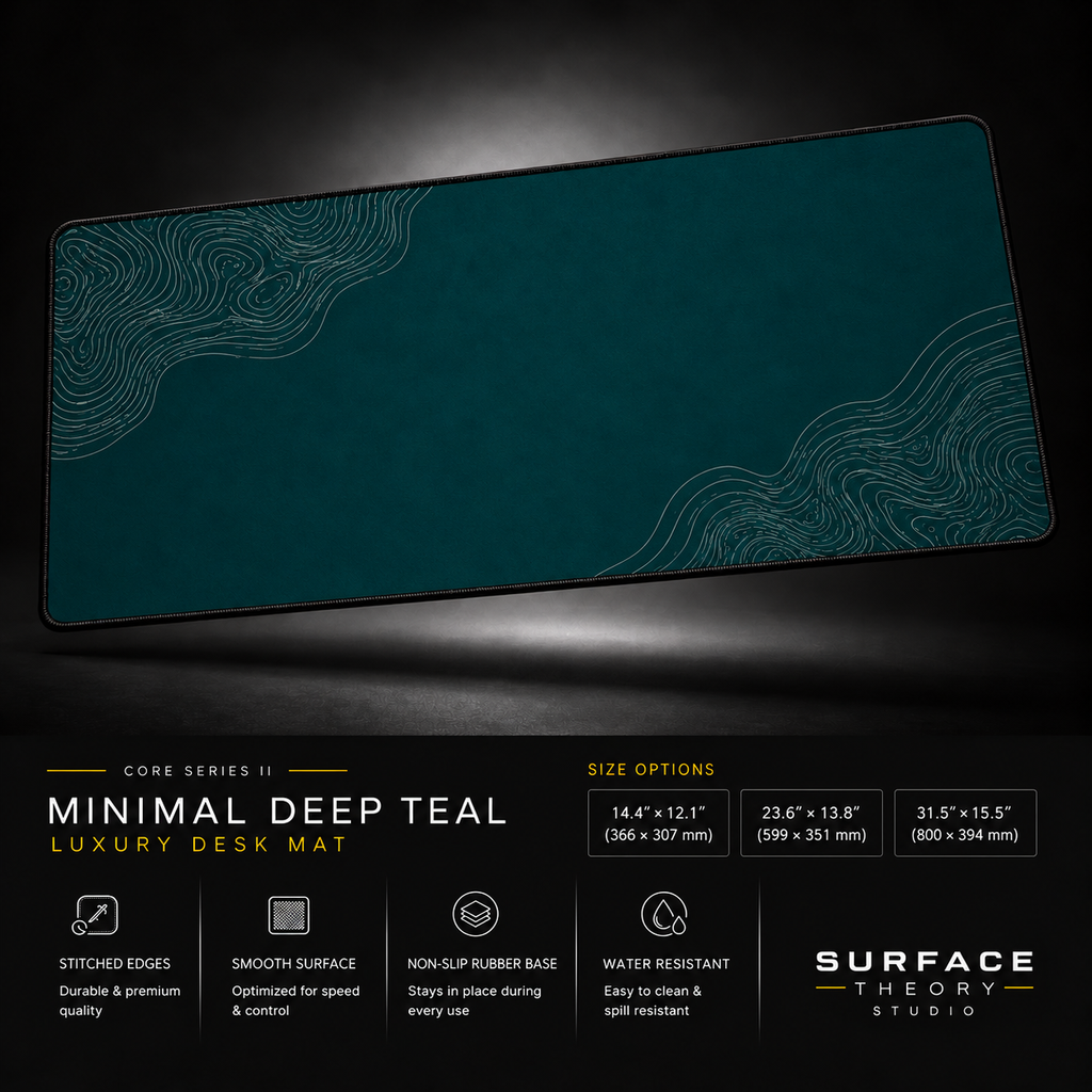 Minimal Deep Teal desk mat floating against a dark studio background.