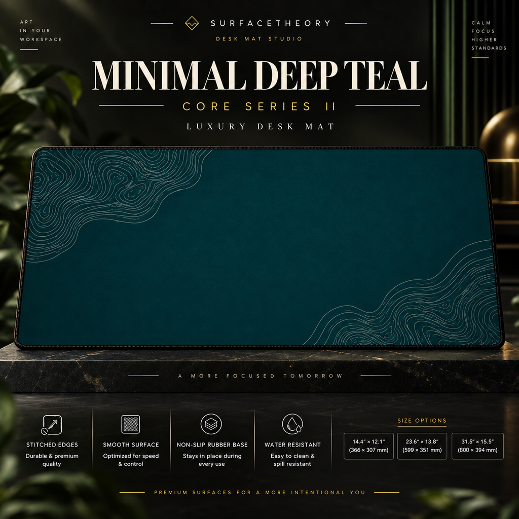 Minimal Deep Teal desk mat on a studio display with size and product information.
