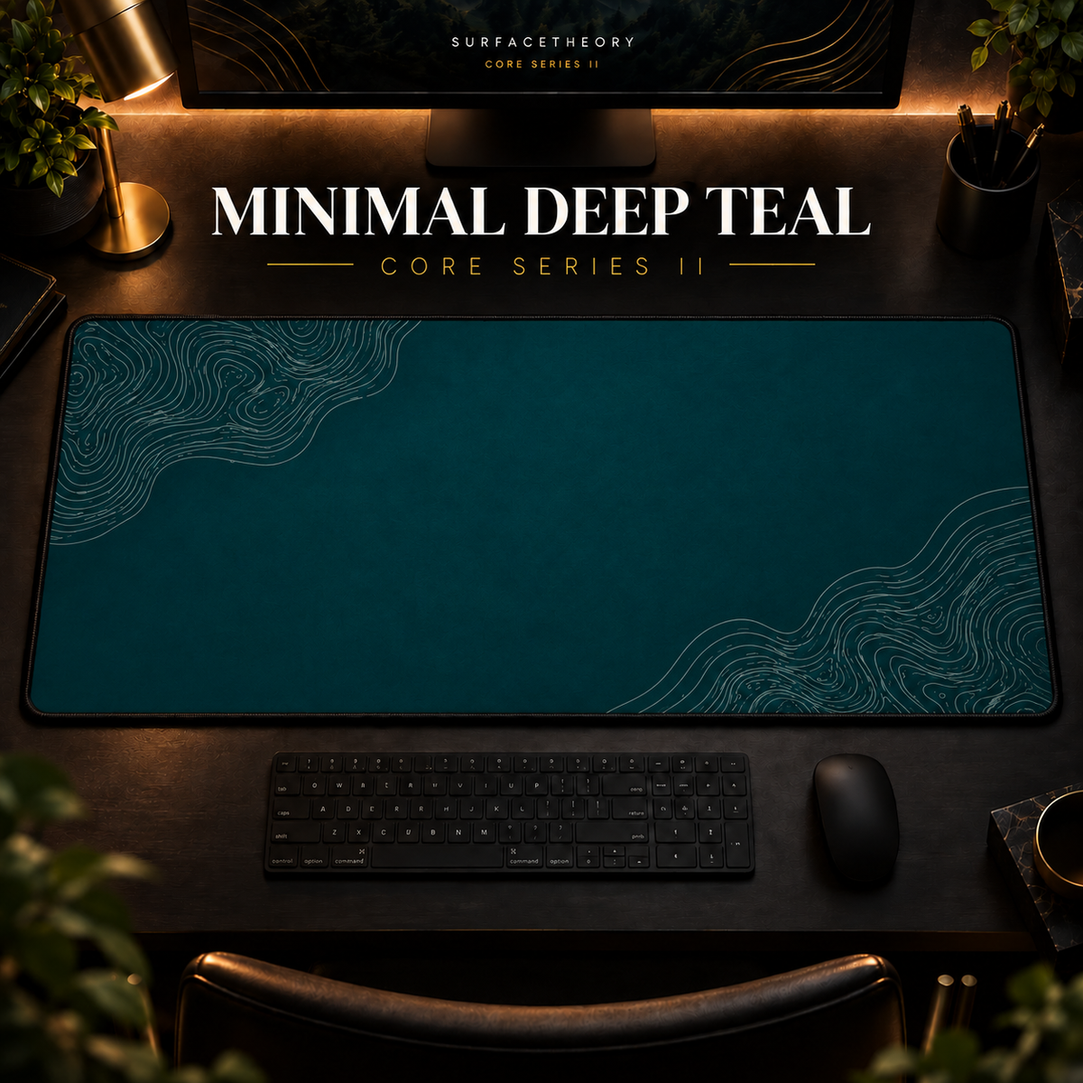 Minimal Deep Teal desk mat in a warm, dark workspace.