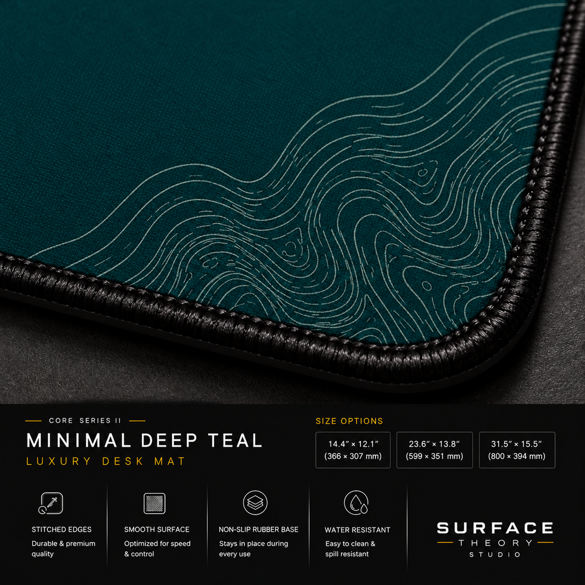 Close-up of Minimal Deep Teal printed artwork and black stitched corner.