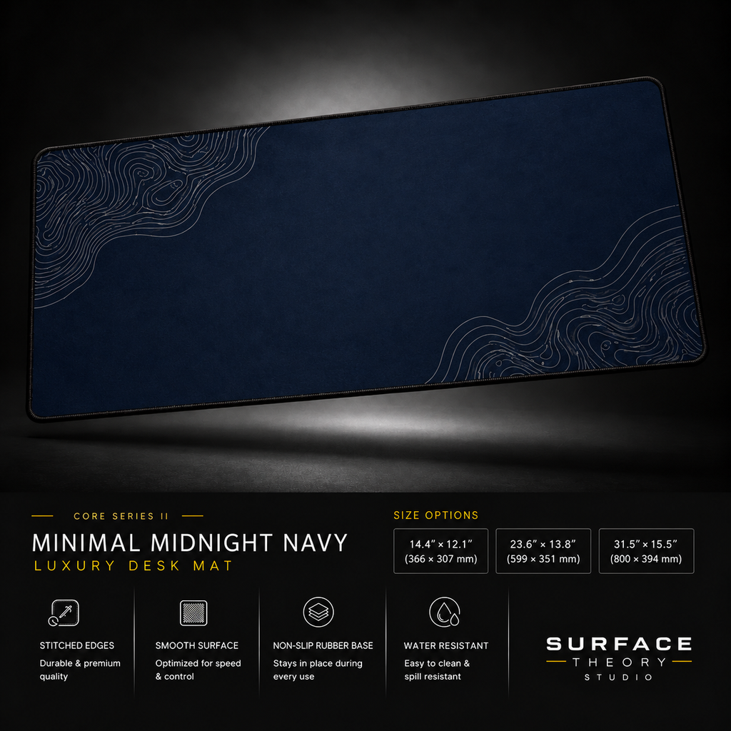 Minimal Midnight Navy desk mat floating against a dark studio background.