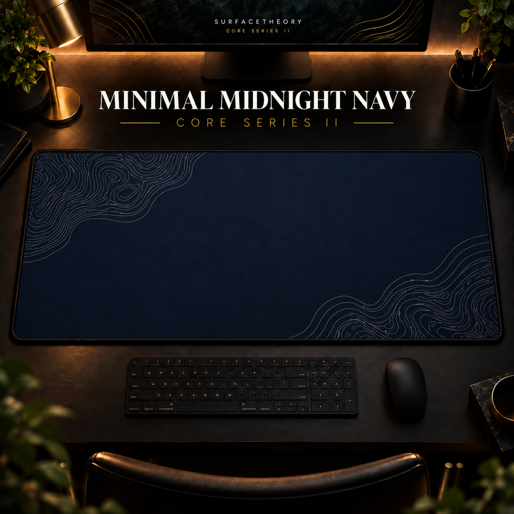 Minimal Midnight Navy desk mat in a warm, dark workspace.
