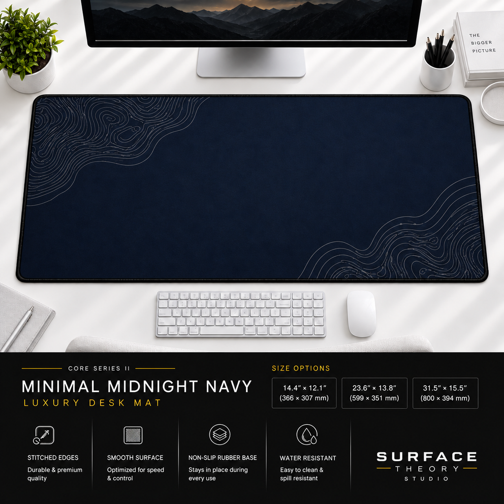 Minimal Midnight Navy desk mat beneath a monitor on a bright desk with a white keyboard and mouse.