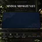 Minimal Midnight Navy desk mat on a studio display with size and product information.