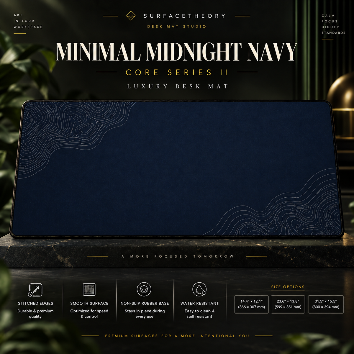 Minimal Midnight Navy desk mat on a studio display with size and product information.