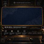 Minimal Midnight Navy desk mat in a gold-toned showcase frame above a keyboard.