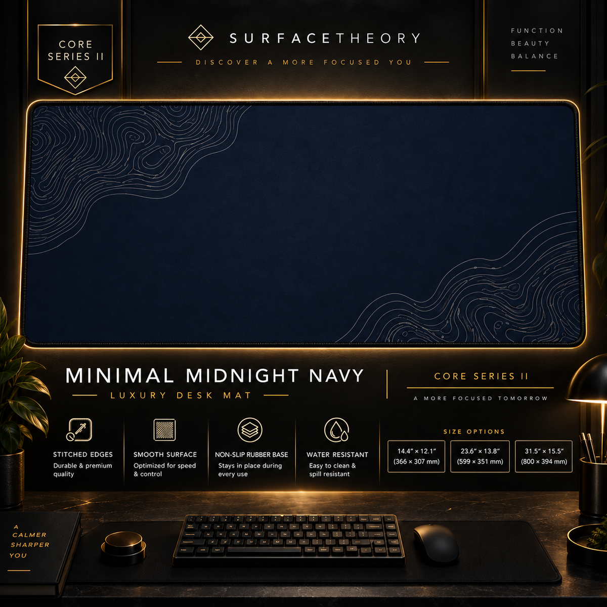Minimal Midnight Navy desk mat in a gold-toned showcase frame above a keyboard.