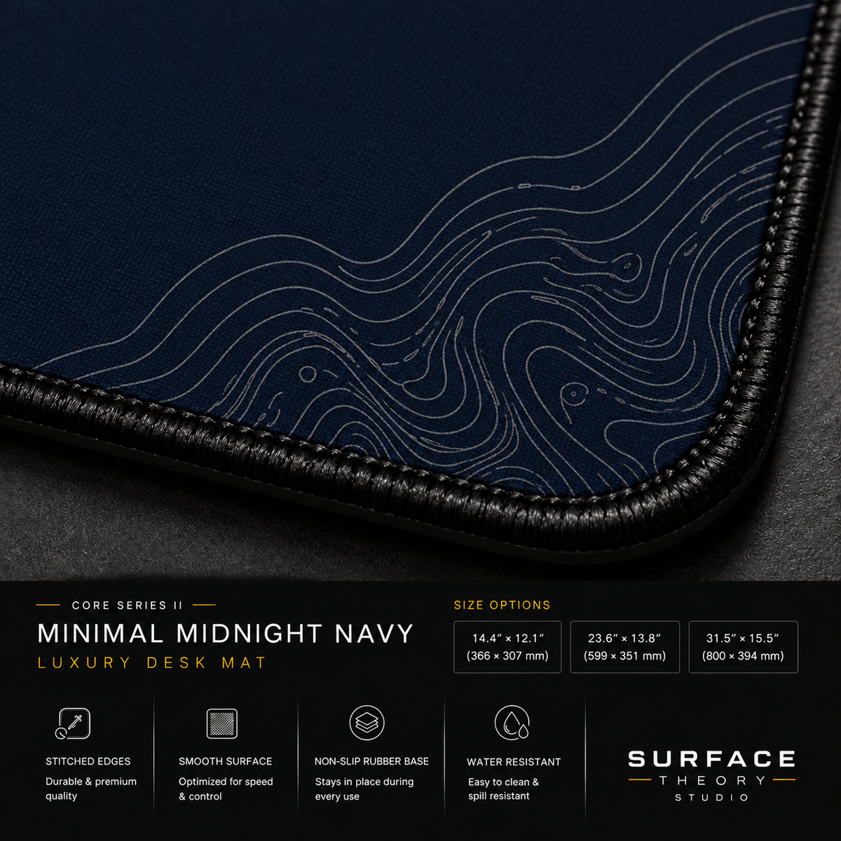 Close-up of Minimal Midnight Navy printed artwork and black stitched corner.