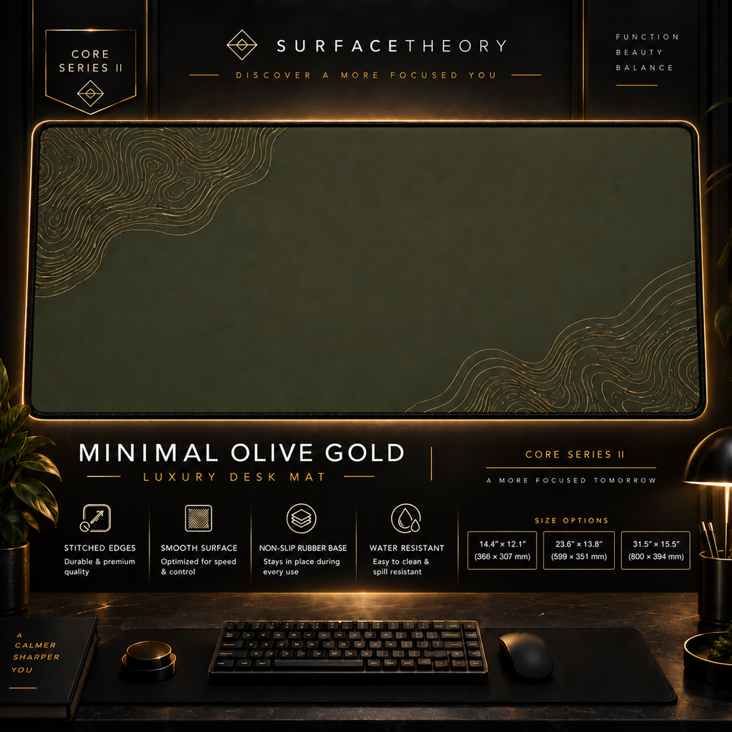 Minimal Olive Gold desk mat in a gold-toned showcase frame above a keyboard.