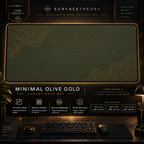 Minimal Olive Gold desk mat in a gold-toned showcase frame above a keyboard.