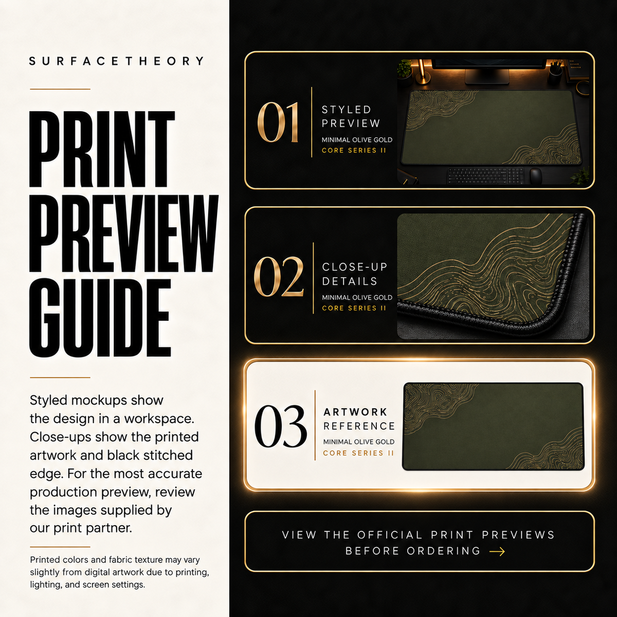 Minimal Olive Gold print preview guide comparing styled presentation, close-up and artwork reference.