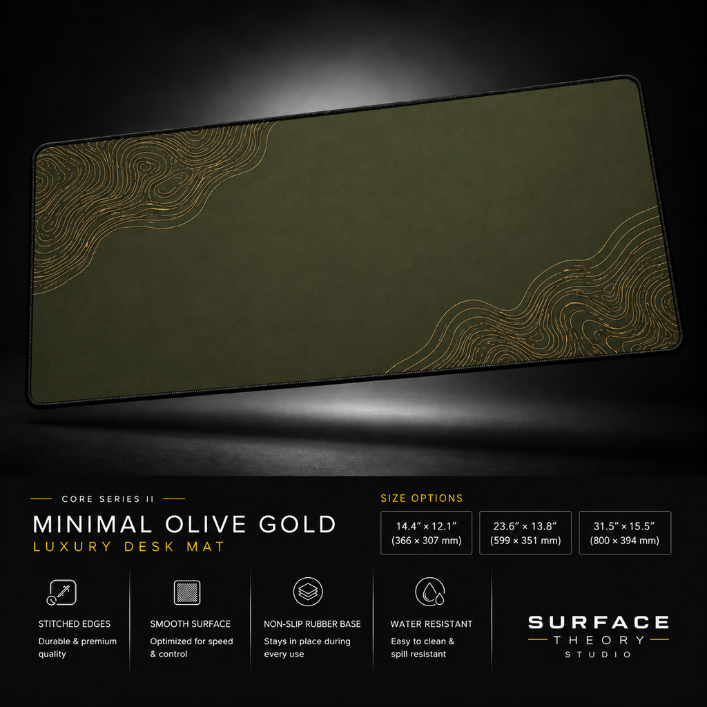 Minimal Olive Gold desk mat floating against a dark studio background.