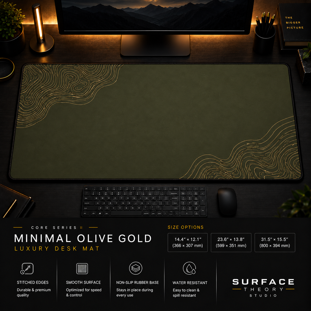Minimal Olive Gold desk mat in a dark workstation with warm monitor lighting.