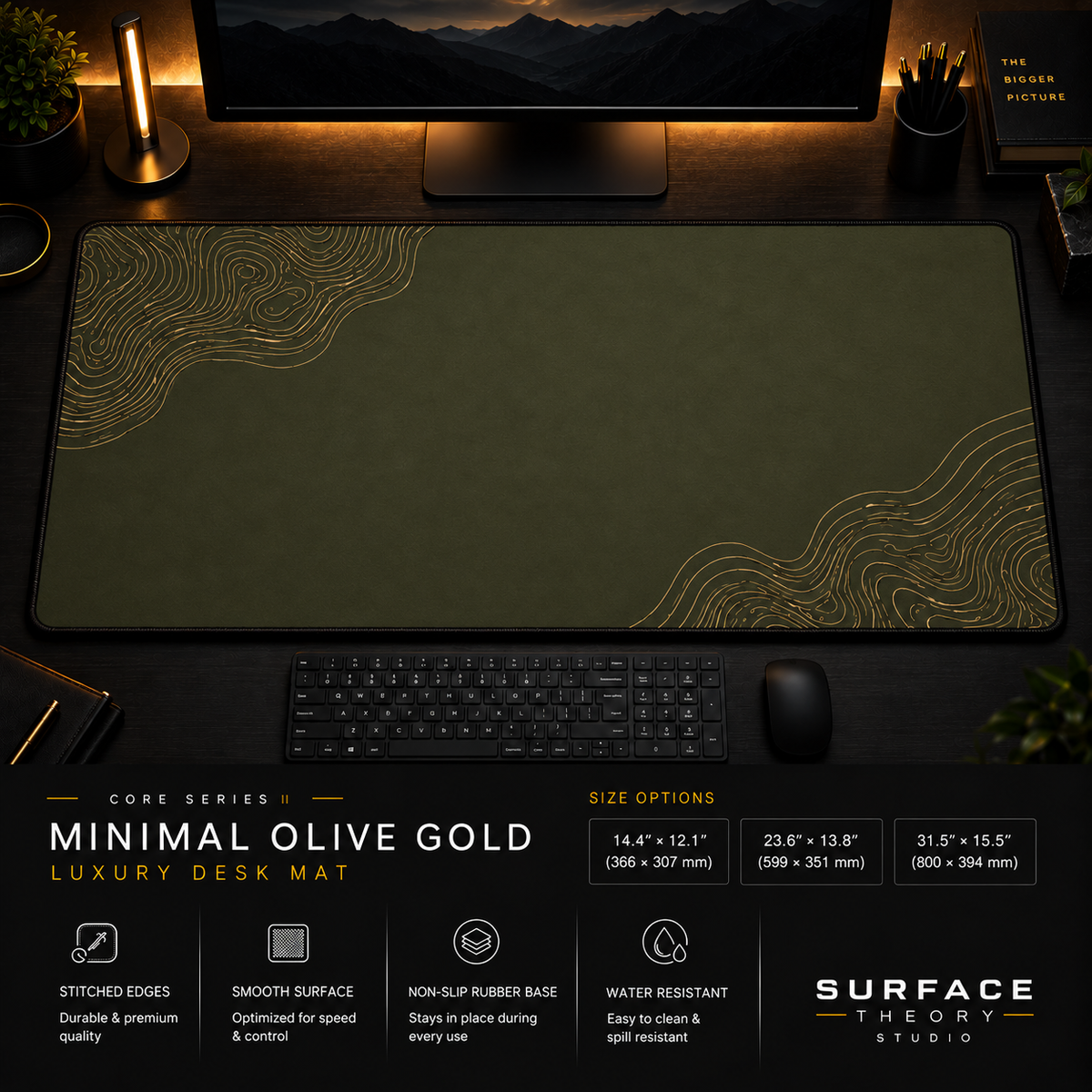 Minimal Olive Gold desk mat in a dark workstation with warm monitor lighting.