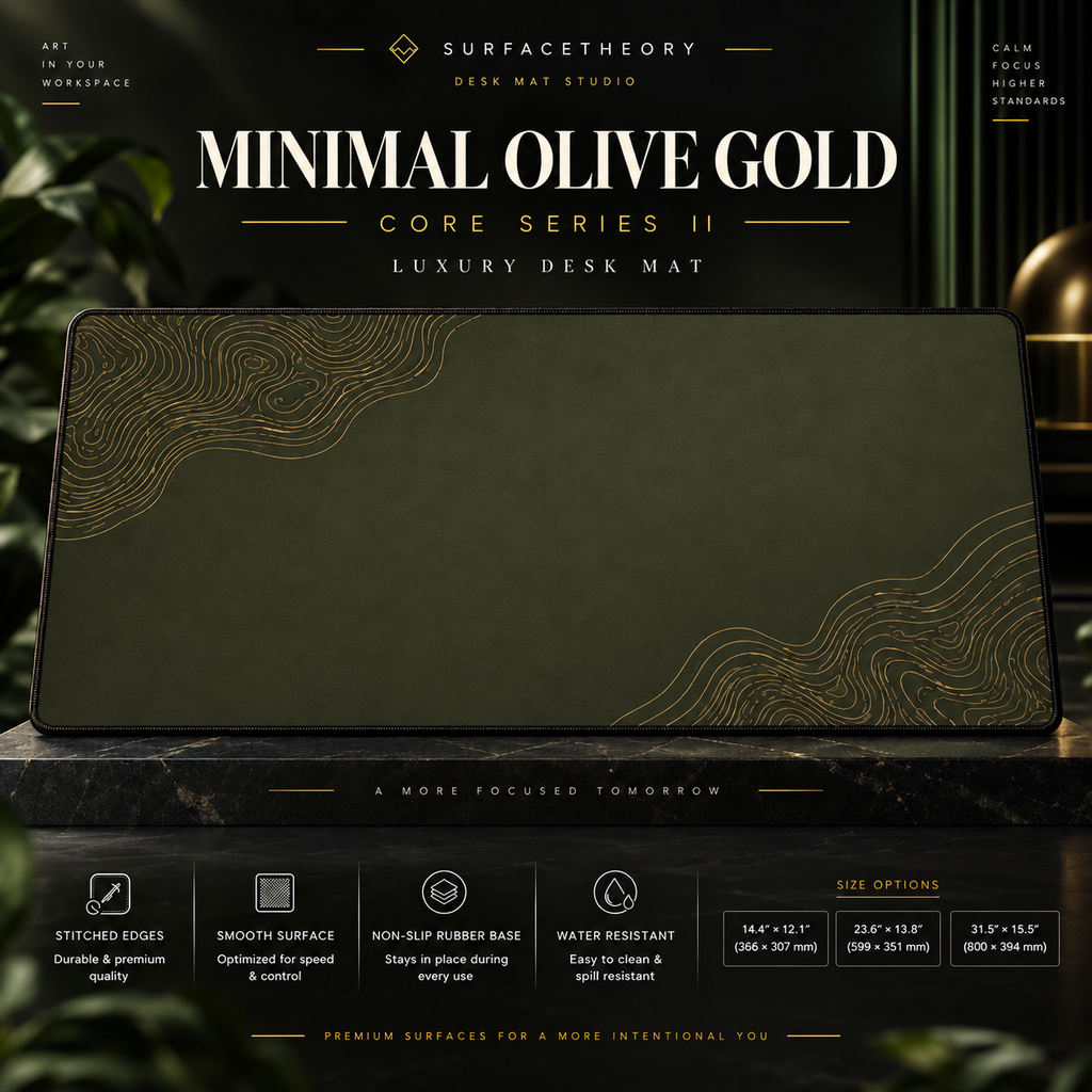Minimal Olive Gold desk mat on a studio display with size and product information.