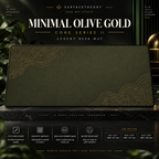 Minimal Olive Gold desk mat on a studio display with size and product information.