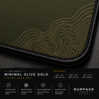 Close-up of Minimal Olive Gold printed artwork and black stitched corner.