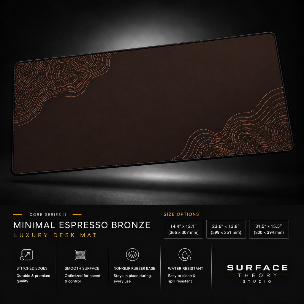 Minimal Espresso Bronze desk mat floating against a dark studio background.