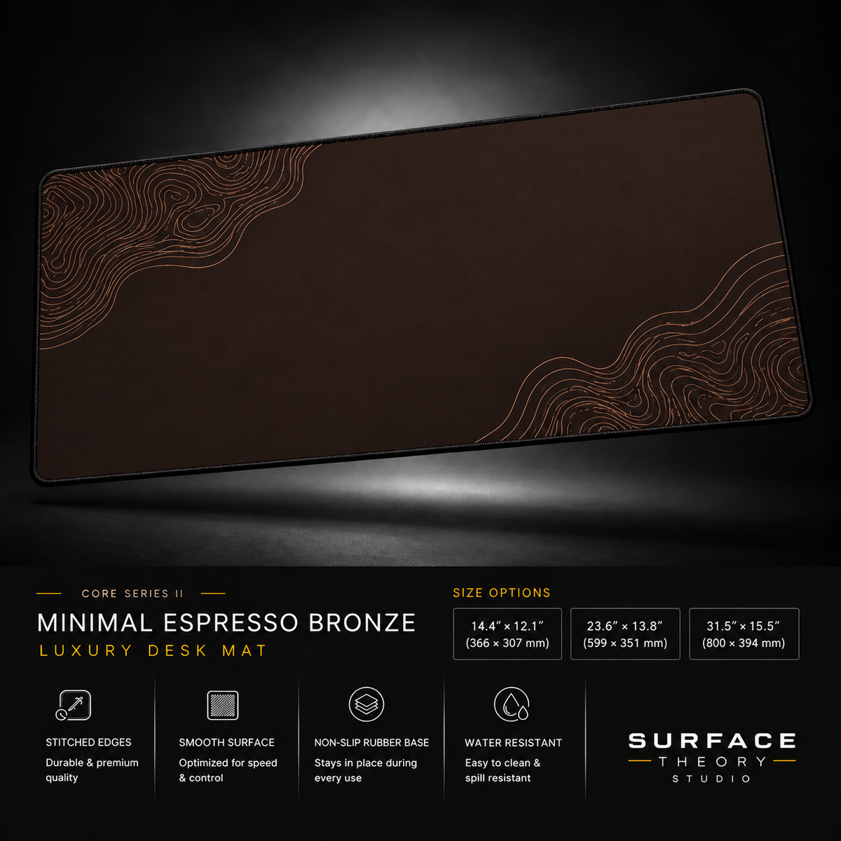 Minimal Espresso Bronze desk mat floating against a dark studio background.