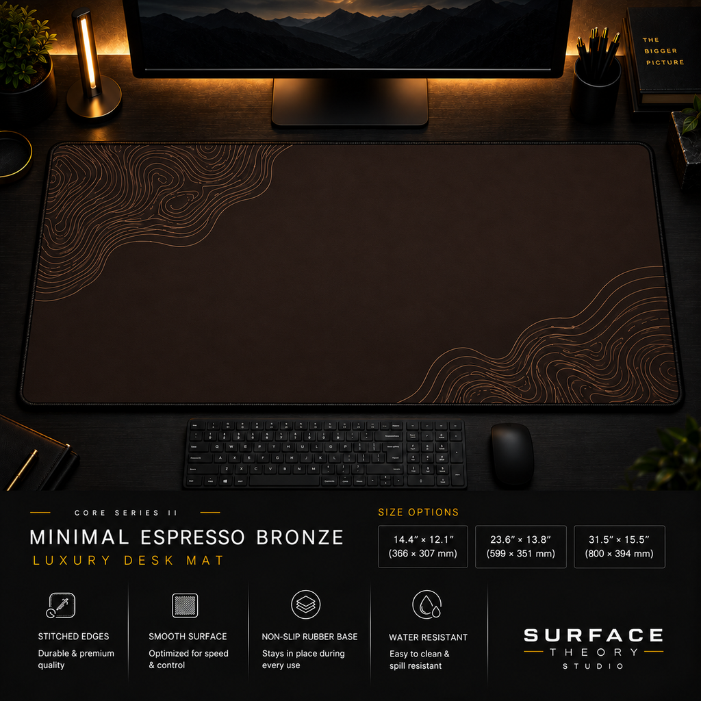 Minimal Espresso Bronze desk mat in a dark workstation with warm monitor lighting.