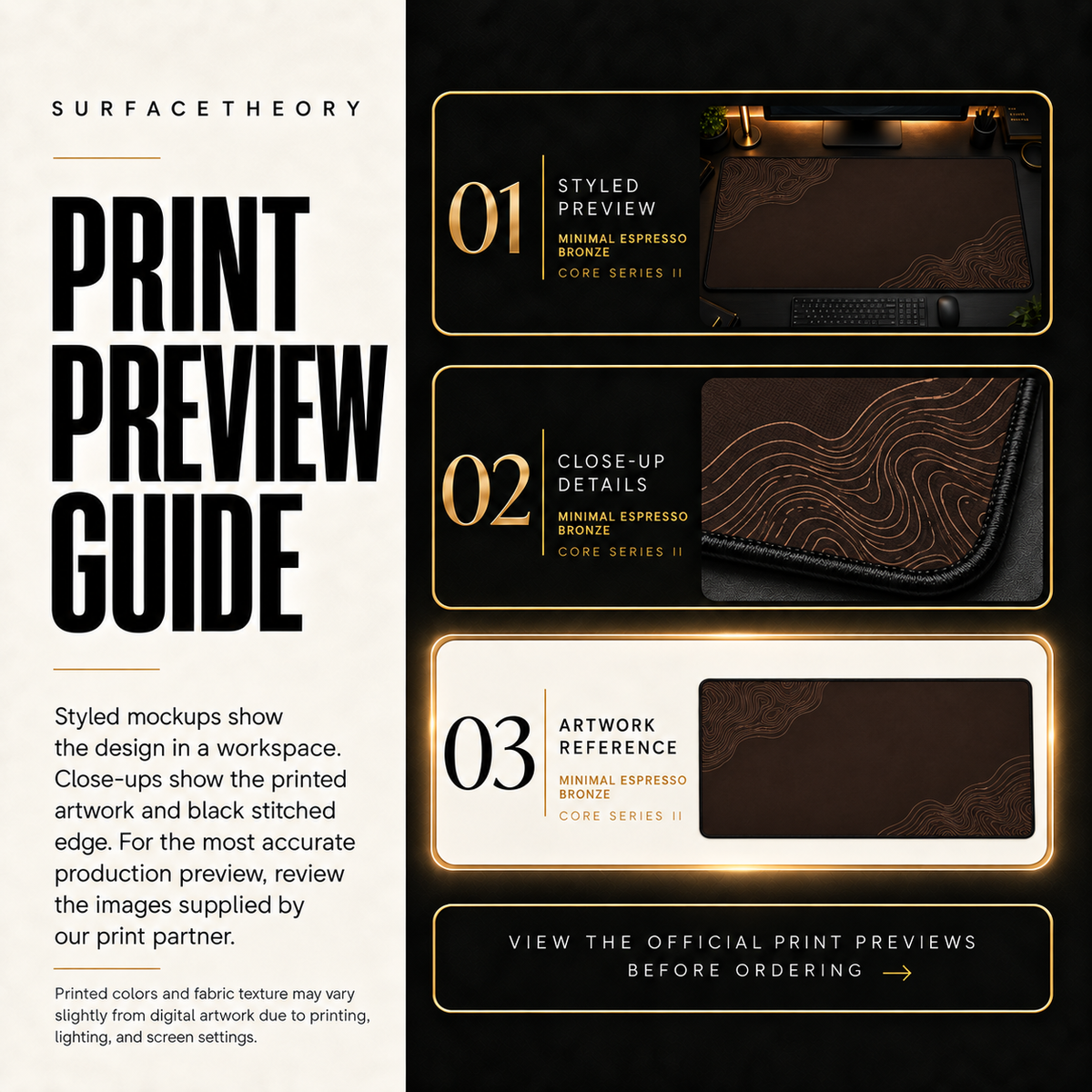Minimal Espresso Bronze print preview guide comparing styled presentation, close-up and artwork reference.