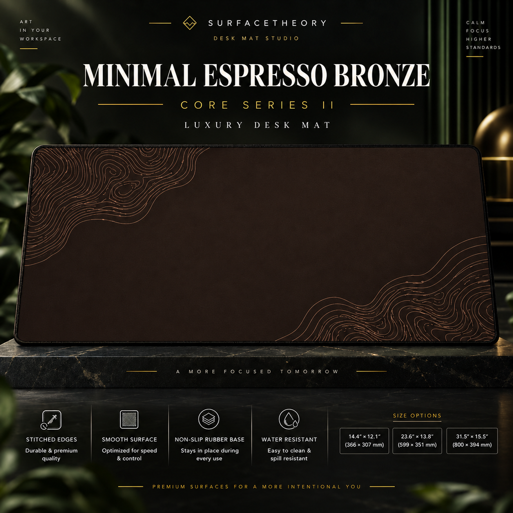 Minimal Espresso Bronze desk mat on a studio display with size and product information.