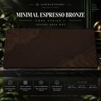 Minimal Espresso Bronze desk mat on a studio display with size and product information.