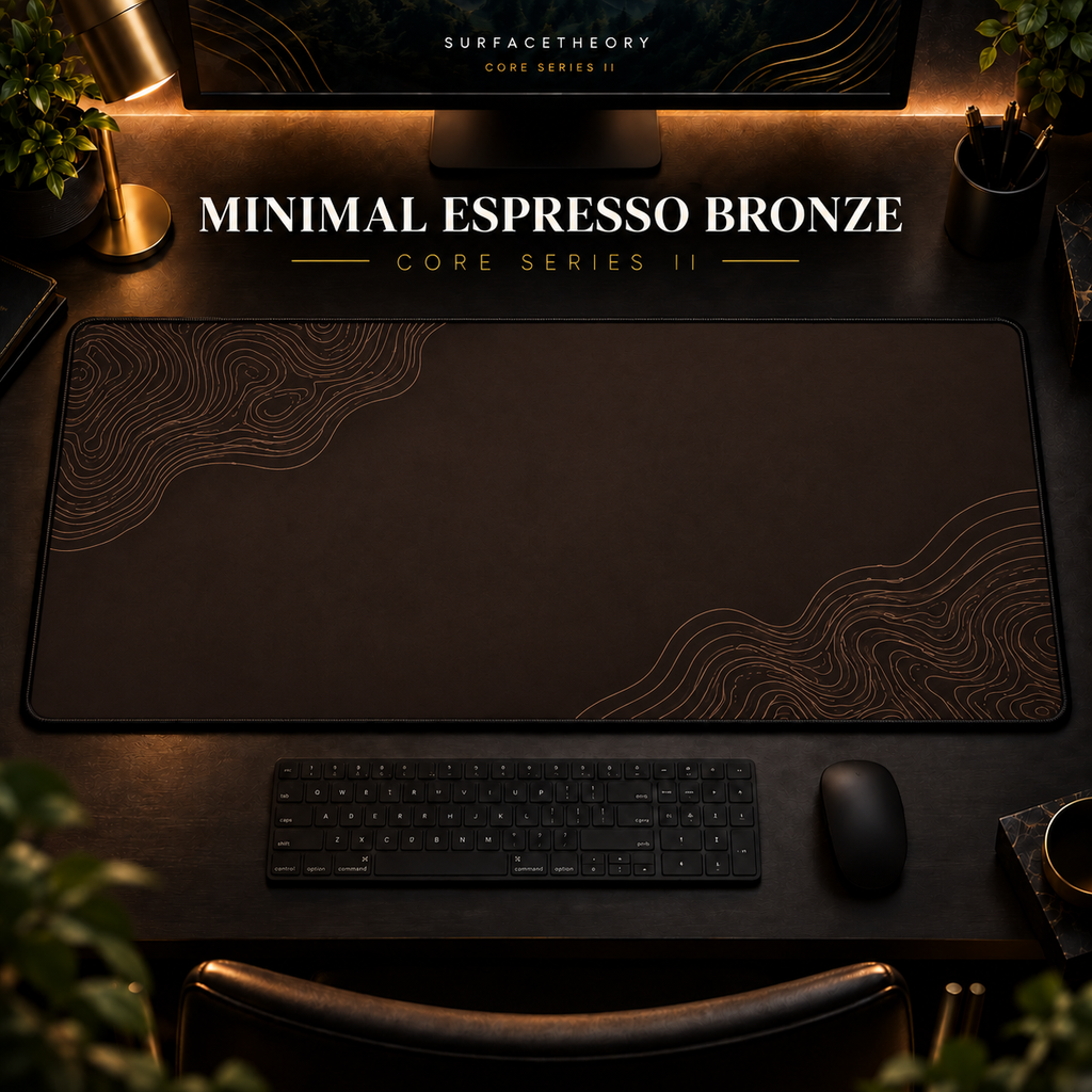 Minimal Espresso Bronze desk mat in a warm, dark workspace.