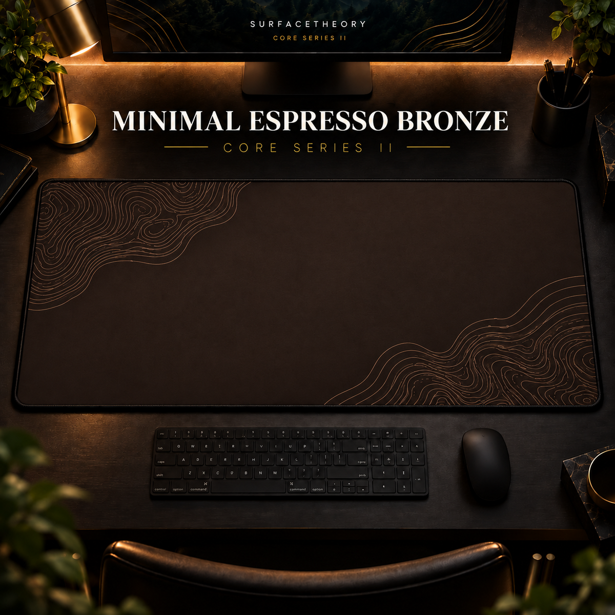 Minimal Espresso Bronze desk mat in a warm, dark workspace.