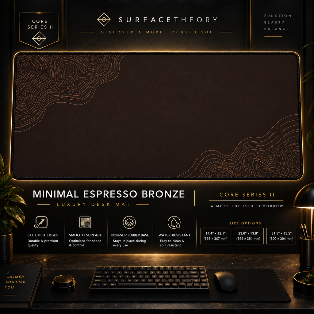 Minimal Espresso Bronze desk mat in a gold-toned showcase frame above a keyboard.