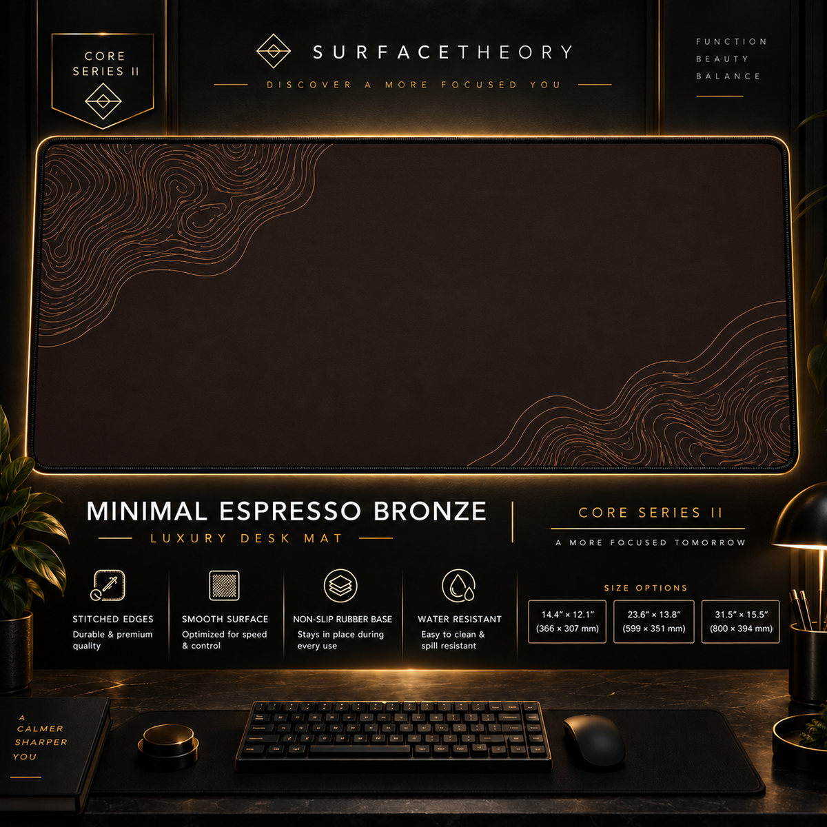 Minimal Espresso Bronze desk mat in a gold-toned showcase frame above a keyboard.