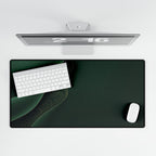Printify preview: Forest Fold, 31.5 × 15.5 inches, overhead desk view with keyboard and mouse.
