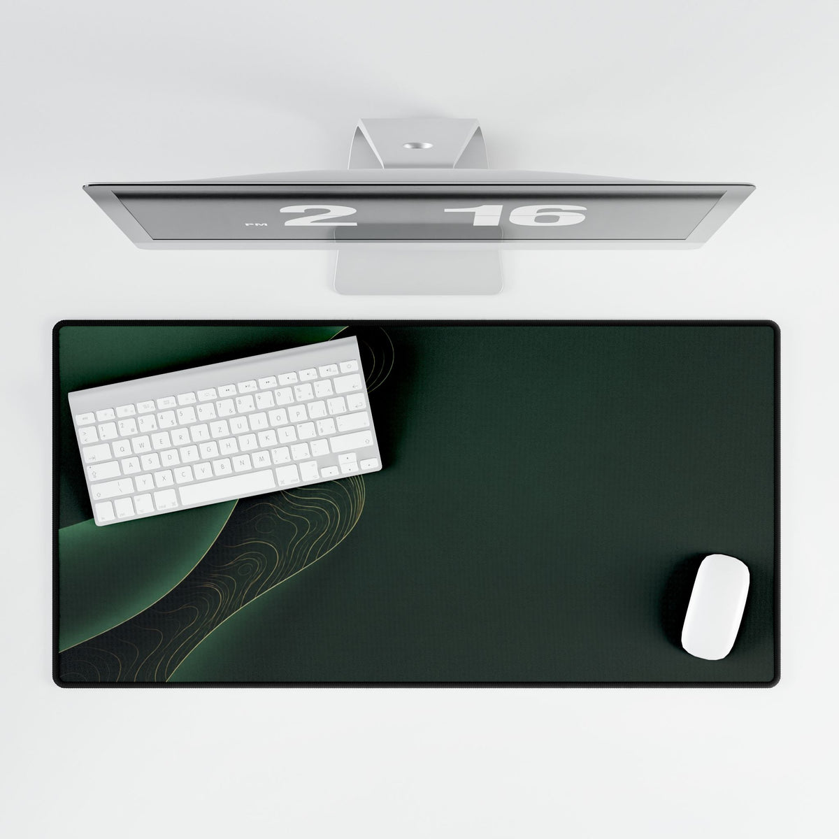 Printify preview: Forest Fold, 31.5 × 15.5 inches, overhead desk view with keyboard and mouse.