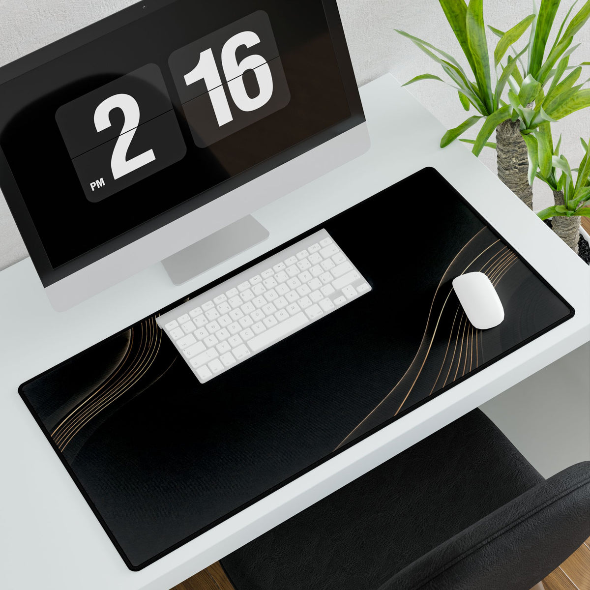 Printify preview: Obsidian Relief, 31.5 × 15.5 inches, angled desk view with keyboard and mouse.