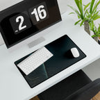 Printify preview: Teal Optic, 23.6 × 13.8 inches, with keyboard and mouse on a white desk, viewed at an angle.