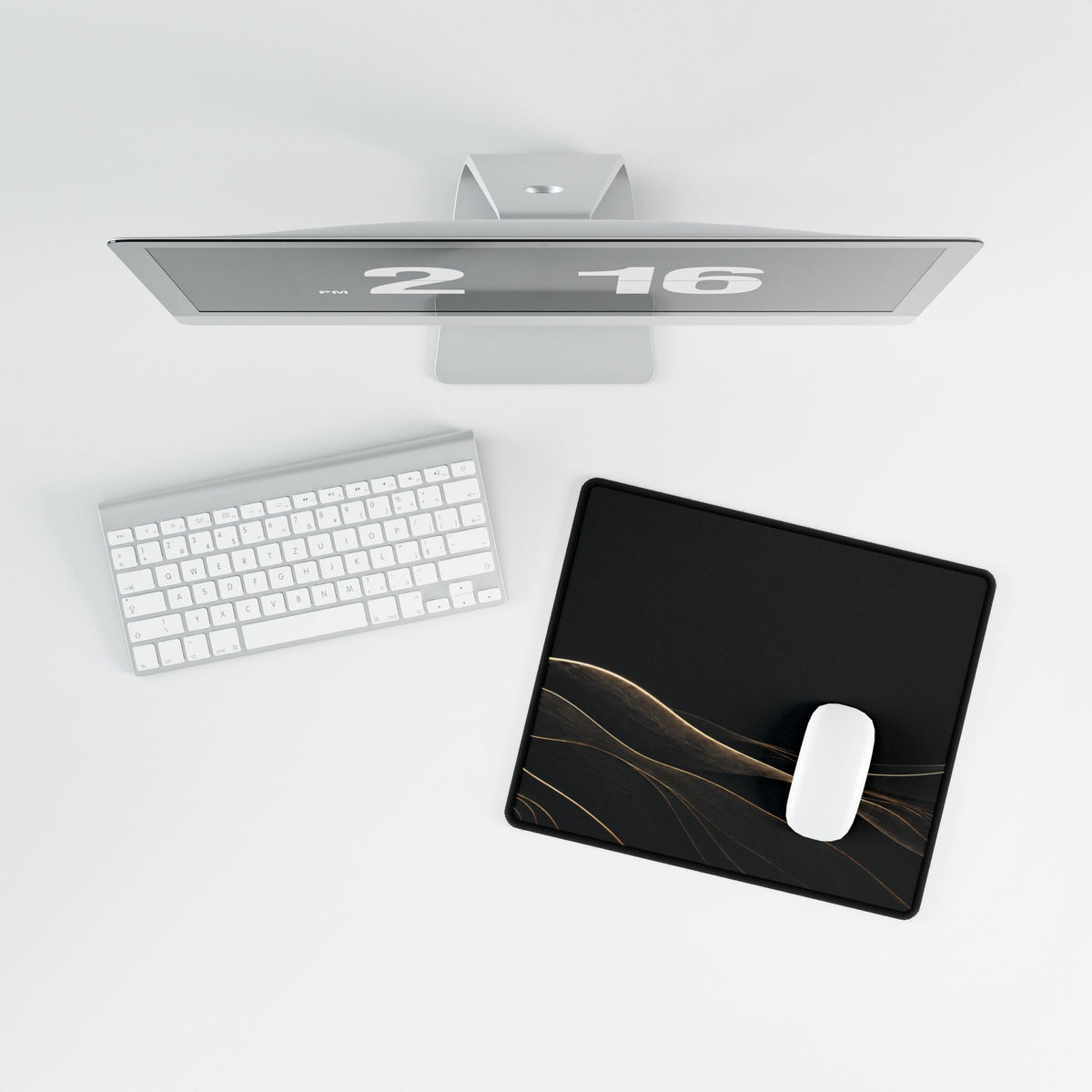 Printify preview: Obsidian Horizon, 14.4 × 12.1 inches, overhead desk view with keyboard and mouse.