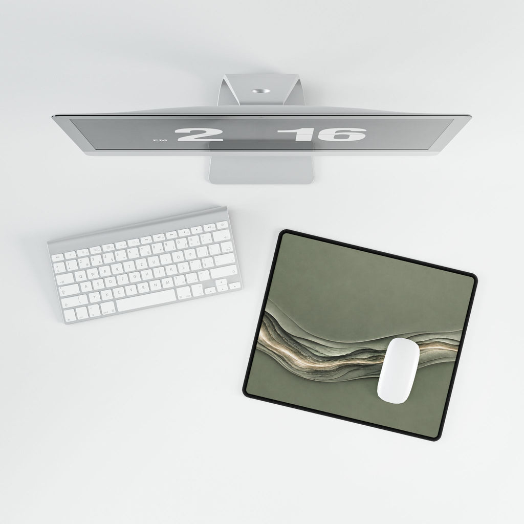 Printify preview: Sage Radiance, 14.4 × 12.1 inches, overhead desk view with keyboard and mouse.