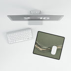 Printify preview: Sage Radiance, 14.4 × 12.1 inches, overhead desk view with keyboard and mouse.