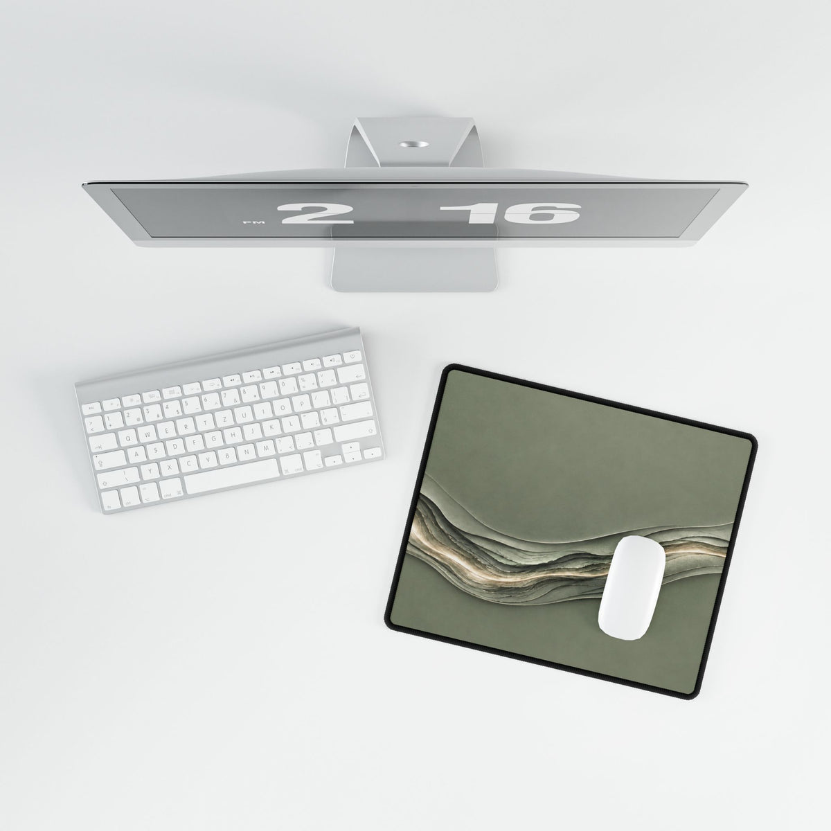 Printify preview: Sage Radiance, 14.4 × 12.1 inches, overhead desk view with keyboard and mouse.