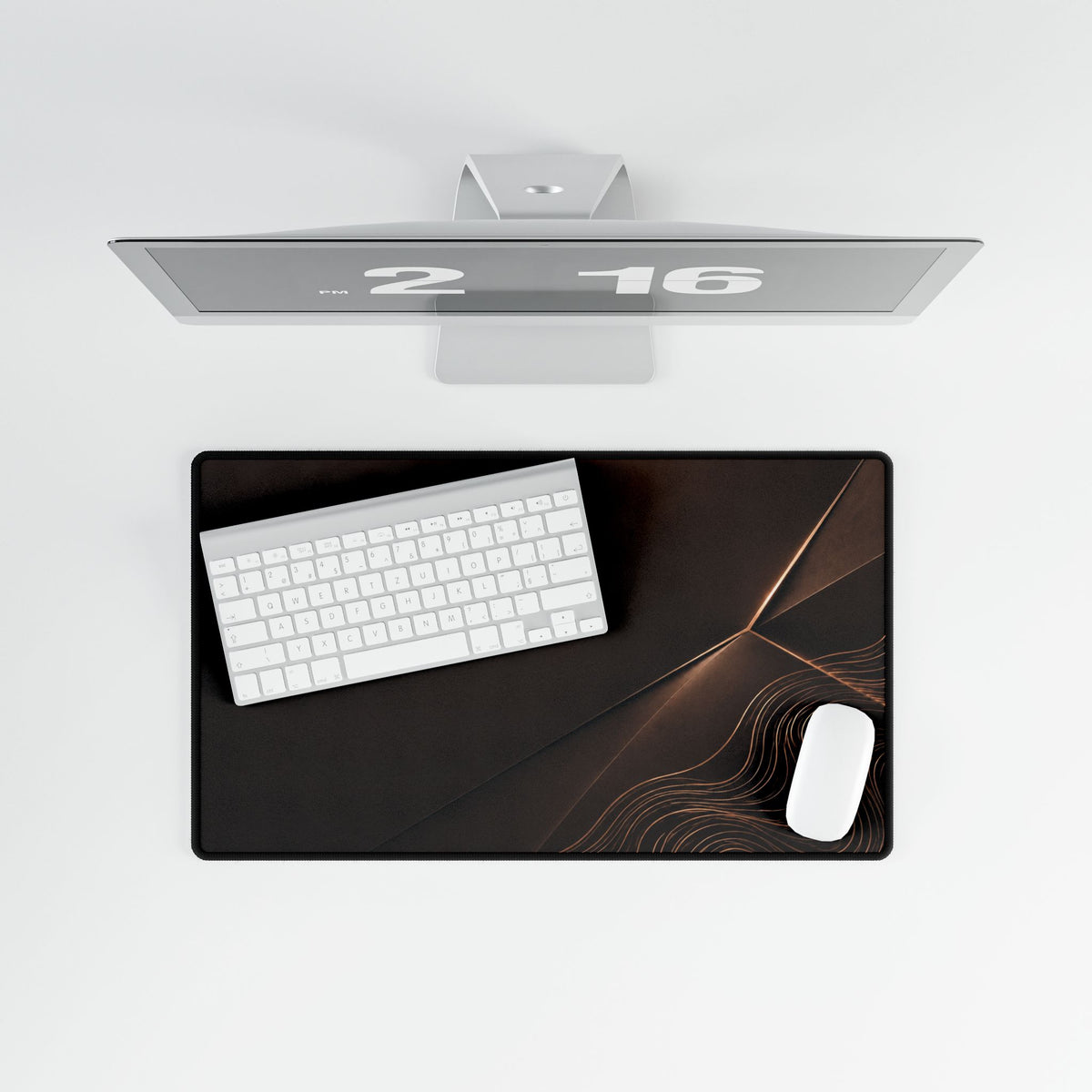 Printify preview: Espresso Facet, 23.6 × 13.8 inches, overhead desk view with keyboard and mouse.