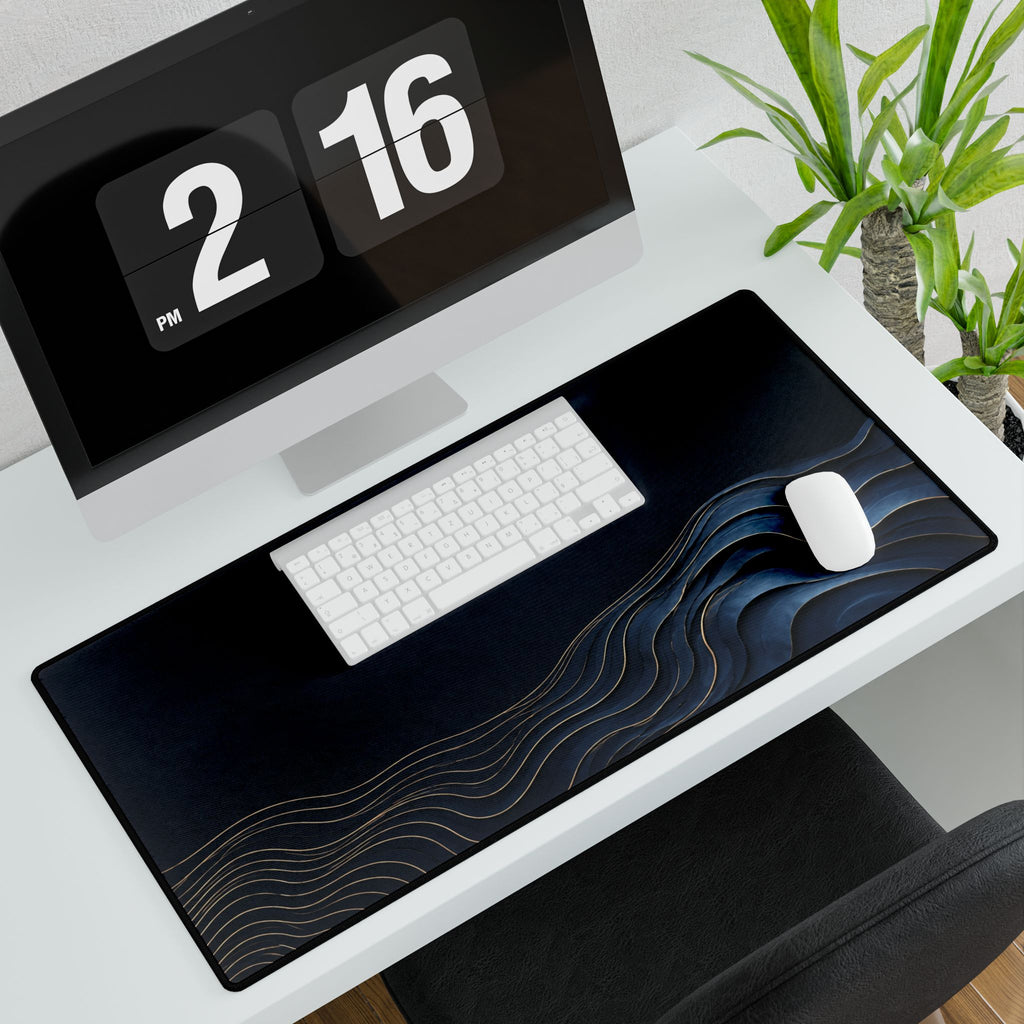 Printify preview: Navy Evolution, 31.5 × 15.5 inches, with keyboard and mouse on a white desk, viewed at an angle.
