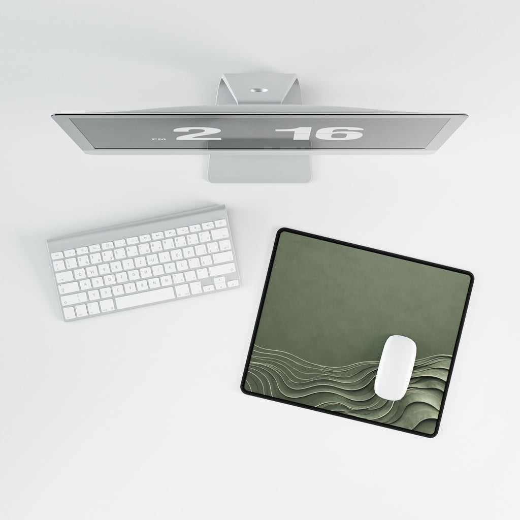 Printify preview: overhead view of Sage Evolution, 14.4 × 12.1 inches, with a mouse beside a keyboard.